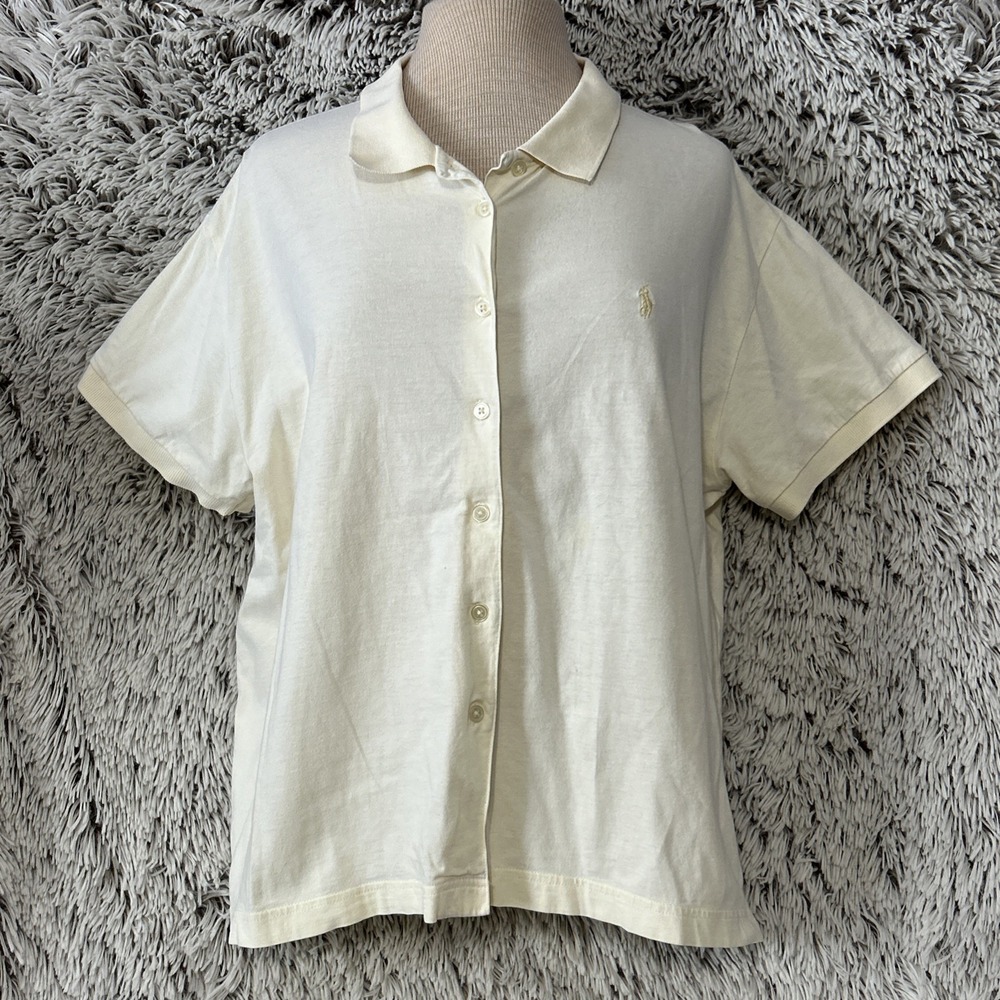 Ralph Lauren Short Sleeve Button Up Polo Cream Crop Oversize Preppy Old Money XL